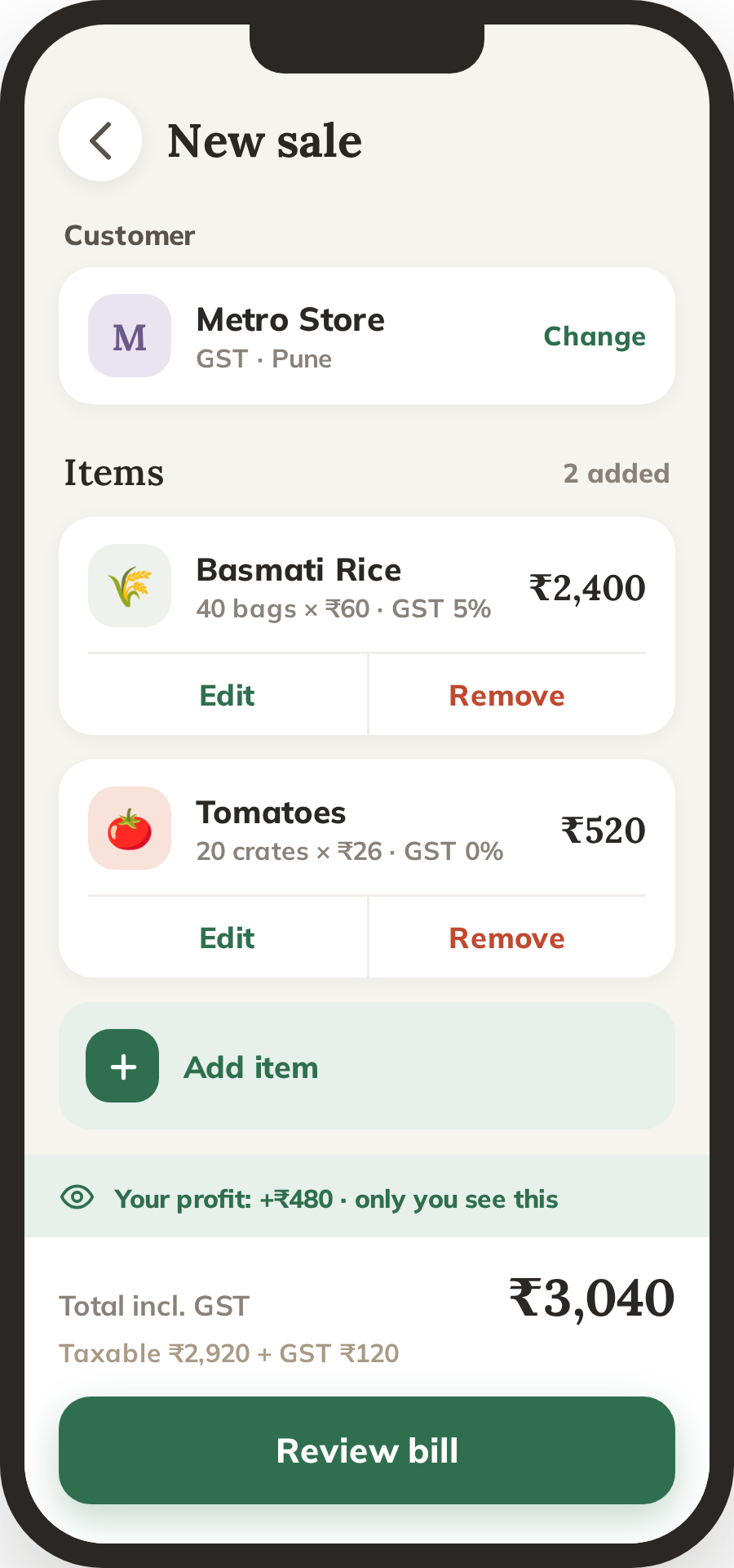 Creating a new sale with the owner's live profit on screen