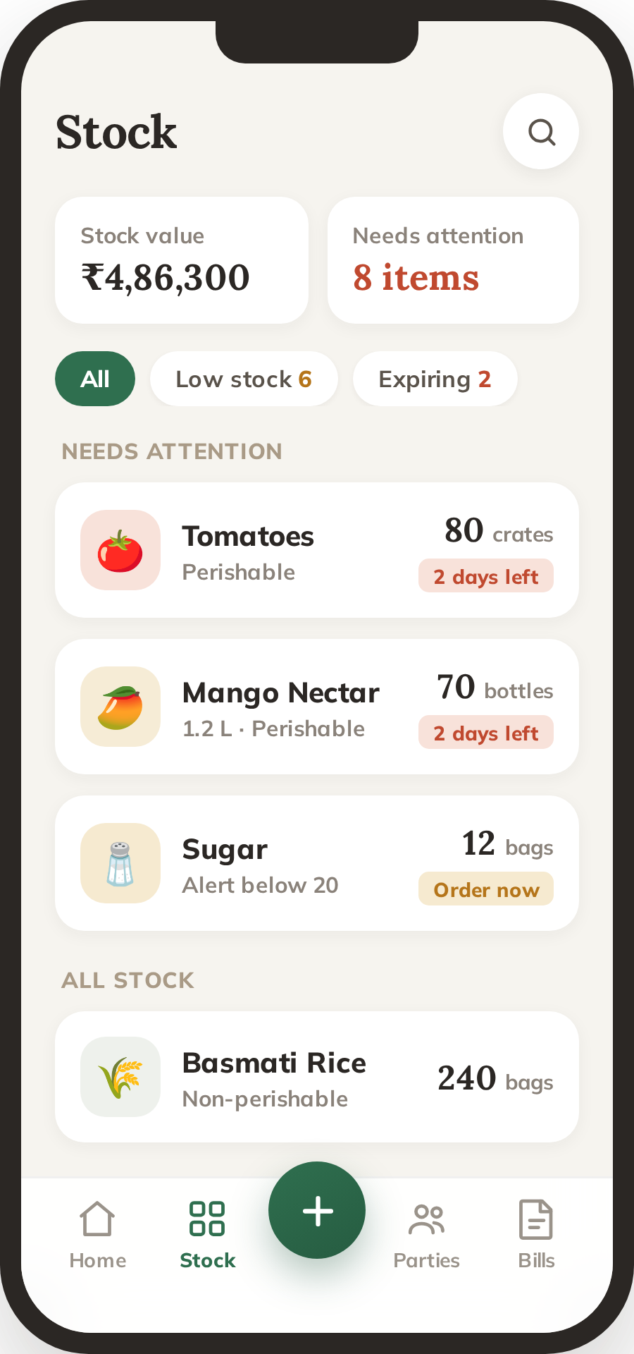Stock screen with expiring and low-stock items surfaced at the top